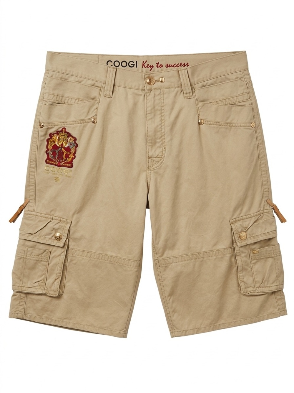 Vintage COOGI Key To Success Khaki Cargo Shorts Baggy Embroidered Y2K Hip Hop